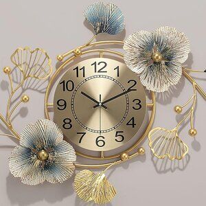 NEW Large Wall Clock 33 Inch Metal Ginkgo Leaf Design Silent Non Ticking .